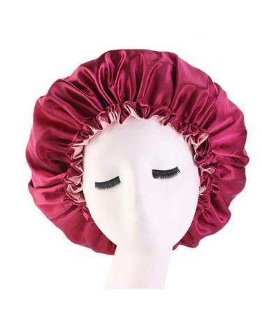 Cospack Satin Bonnet Sleep Cap Extra Large Double Layer Reversible Adjustable Satin Cap for Sleeping (Burgundy + Shell Pink)