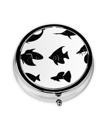 Black and White Fishround Pill Box 3 Compartments Round Pill Box Organizer for Purse Or Pocket Portable Travel Pill Box
