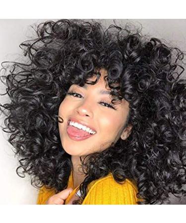 andromeda Short Curly Wigs for Black Women Soft Curly Wig with Bangs Fluffy Curls Synthetic Hair Wigs Natural Black Loose Curly African American Costume Cosplay Half Wigs (Black)