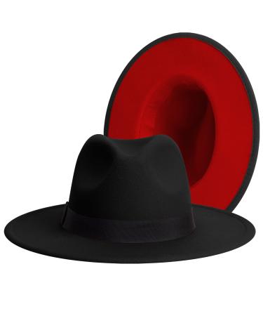 Classic Wide Brim Fedora for Women Men Two Tone Fedora with Band Adjustable Felt Panama Hat Outer Black Bowknot Large