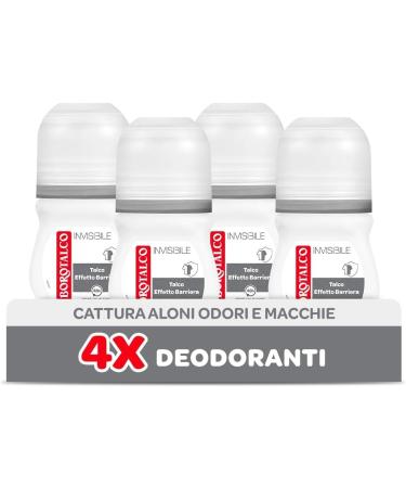Borotalco Borotalco Invisible Roll-On Deodorant Grey with Barrier Effect Talc Captures and Does Not Transfer Halos 48 Hours Effective Alcohol Free Classic Scent - 4 x 50 ml - Amazon Exclusive