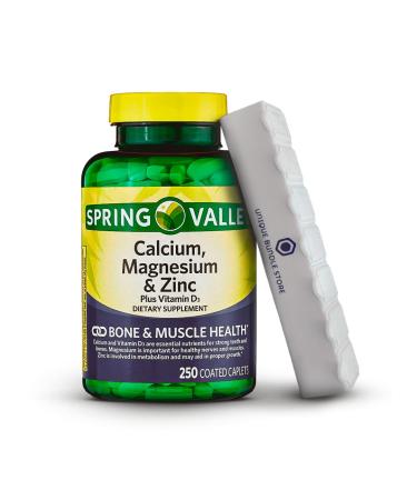 Spring Valley  Calcium Magnesium Zinc with Vitamin D3  Coated Caplets  Calcium Magnesium Zinc 250 Count + 7 Day Pill Organizer Included ((Pack of 1))
