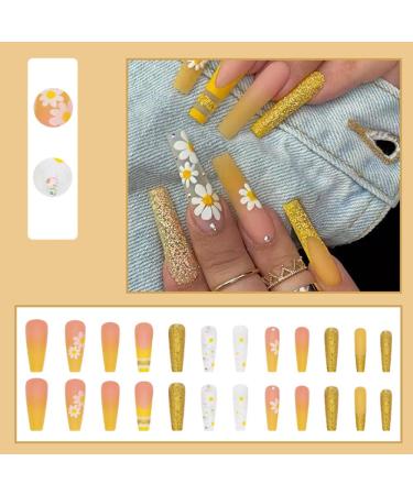 YoYoee 24 PCS Yellow Gradient Long Coffin Press On Nails - Daisy Acrylic Fake Nails for Women - Buy Online on GoSupps.com