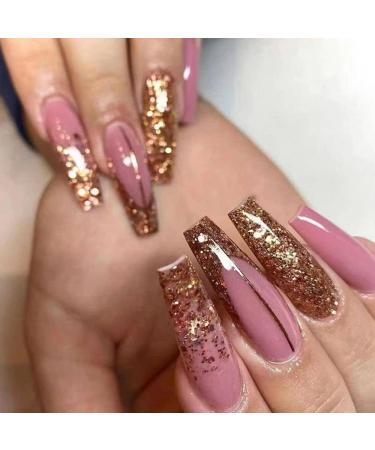 24Pcs Long Coffin False Nails Gold Glitter Sequins Designs Press On Full Cover Fake Nails Tips Wearable Manicure Art Accessories (Color : Red) - Buy Online on GoSupps.com