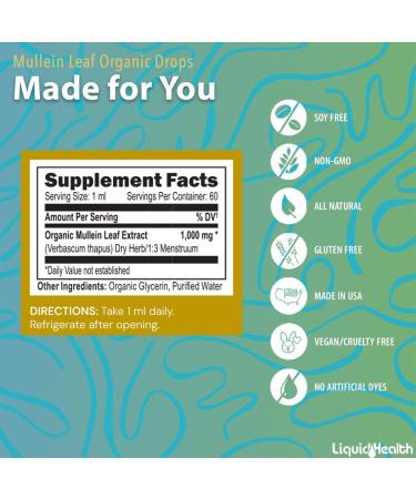 LIQUIDHEALTH USDA Organic Mullein Leaf Extract Drops for Lungs - Herbal Cleansing Drops for Smokers, Immune Support, Respiratory Health - 1000mg, 60-Day Supply, Sugar-Free, Made in USA (2 fl oz) 2 Fl Oz (Pack of 1) - Buy Online on GoSupps.com