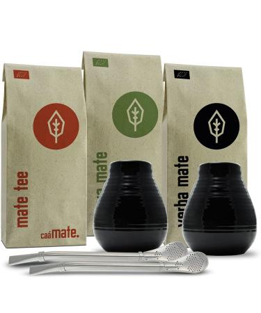 Mate Tea Set for Two Organic 2 Mate Cups + 2 Bombillas + 300g Mate Tea + Preparation Instructions (black)