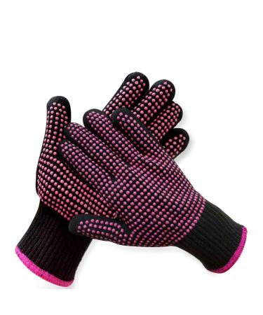 2 Pcs Professional Heat Resistant Glove for Hair Styling Heat Blocking Gloves for Curling, Flat Iron and Hair Styling Tools, Silicone Bump, Pink Edge 2 Silicone Bump Gloves