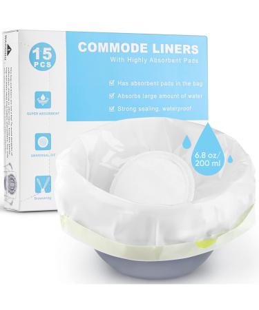 Commode Liners with Absorbent Pads: Universal Fit Disposable Liners for Bedside Portable Toilet Bucket Includes 15 Toilet Bags with 15 Commode Pads Easy for Caregivers & Self-Care or Camping 15 Pack - White