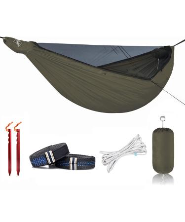 Onewind 11Ft Camping Hammock with Mosquito Net, with Unique Adjustable UHMWPE Ridgeline, Lightweight Portable Double Hammock with 12ft Tree Straps, Ideal for Camping, Hiking, Backpacking, OD Green Od Green 11' 11' x 64"