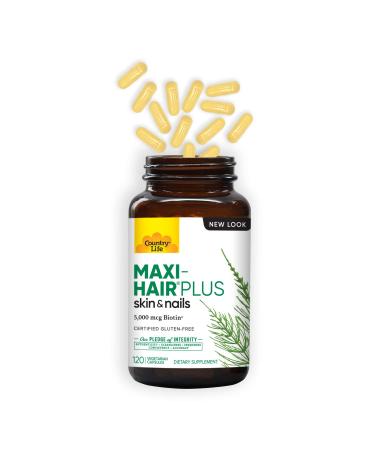 Country Life Maxi-Hair Plus 5000 mcg - 120 Vegetarian Capsules for Healthy Hair - Buy Online on GoSupps.com