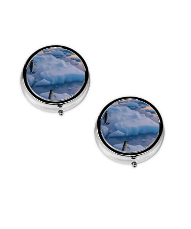 Penguins Sunset Printed Mini Round Pill Box Pill Box 3 Compartment Medicine Pill Case Pill Organizer Travel Pillbox Portable Pill Box for Pocket Home Office Use