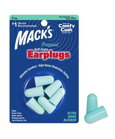 Mack's Original Soft Foam Earplugs 3 Pair - 33B Highest NRR Comfortable Ear Plugs for Sleeping Snoring Work Travel & Loud Events Teal Green