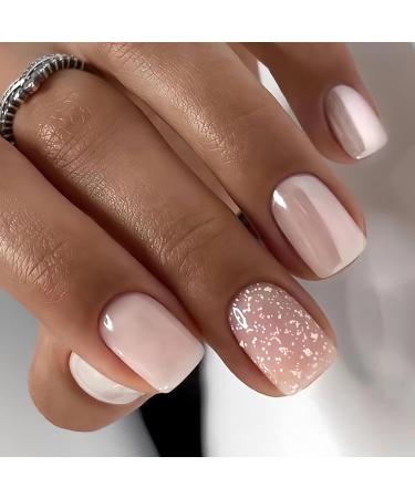 Short Press on Nails Almond Acrylic Fake Nails Kit with Glue Flower Glitter Design Fall Press on Nails Natural Fit Nail Art Kit 24Pcs Pink Flower (02.Pink Pearl Glitter)