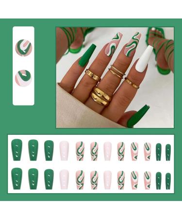 Justotry 24 Pcs Long Emerald Green Swirl Press On Nails | Coffin Patterns Nude Ballerina Stick on Nails | Acrylic False Nails with Glue for Women - Buy Online on GoSupps.com