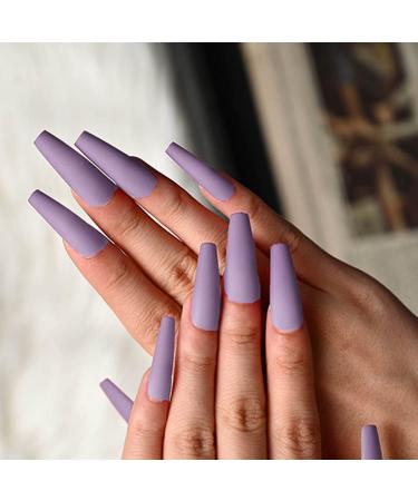 Bufenia matt pure colorful artificial nails long ballerina to press on nails coffin full cover wrong nails for women and girls 24 pieces (purple)