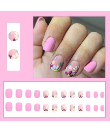 Colorful Daisy Flower Short Square Press-On Nails - 24Pcs Full Cover Acrylic French Tips for Women and Girls - Buy Online on GoSupps.com