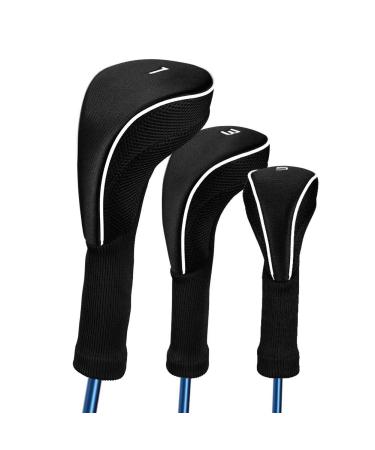 Black Golf Club Head Cover Driver 1 3 4 5 7 X Fairway Woods Headcovers, Golf Accessories Hybrid Head Covers Set with Interchangeable Tags Fits All Fairway and Driver Clubs Black White