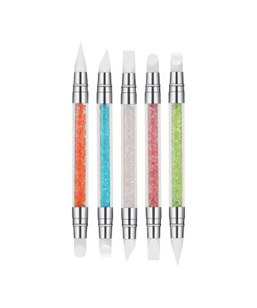 Rosavida 5Pcs Nail Art Sculpture Pen Silicone Double Ended Nail Art Tool with Acrylic Rhinestone Handle for Designing Painting Manicure