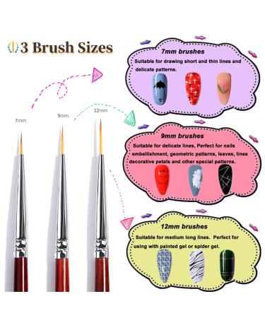 Nail Art Liner Brushes Set - 3Pcs for Thin Long Fine Lines - UV Gel Polish Painting Design - Dotting Drawing Pen - Nail Brushes for Art (7/9/12mm) - Buy Online on GoSupps.com
