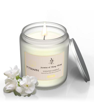 TTRWIN Jasmine & Ylang Ylang Scented Candle 200g 50H Long Burning Time Oriental Fragrance Glass Jar Candle Natural Soy Wax & Essential Oil Gift for Christmas Mother's Day Father's Day Birthday