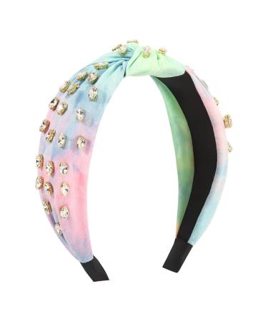 Fashion Women Knotted Jeweled Headband Crystal Embellished Mixed Top Hairband ladies Twist Nylon Hair Accessories for Girls (Pink+Blue+Green) Blue Green Pink