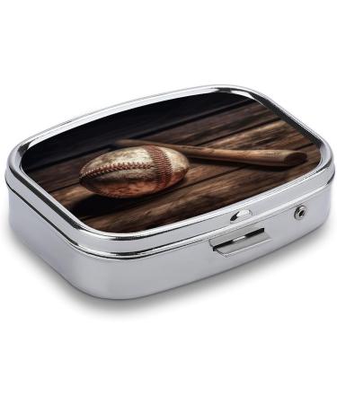 Baseball Pill Box on Wooden Print | 2 Compartment Portable Pill Organizer | Decorative Metal Case for Pocket or Purse - Buy Online on GoSupps.com