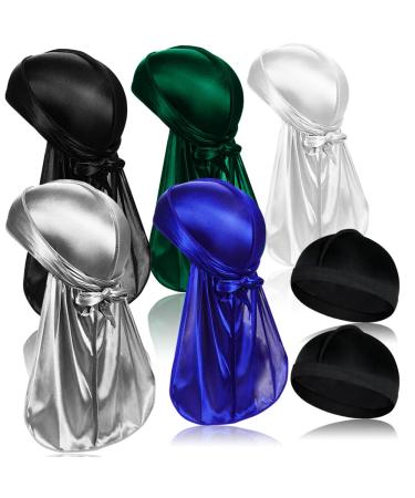 5 Pcs Silky Durag Headwraps with Long Tail and 2 Pcs Satin Wave Cap Perfect for Men 360 Waves