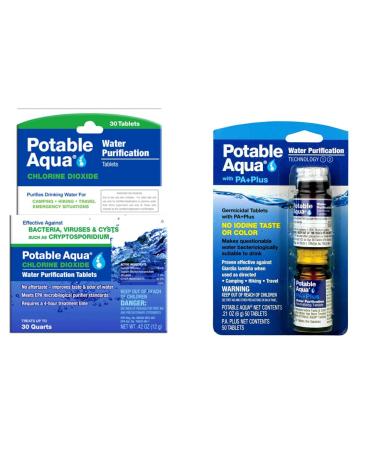 Potable Aqua Chlorine Dioxide Water Purification Tablets - 30 Count & Water Purification Tablets with PA Plus - Two 50 Count Bottles 30 Pack 30 Tablets + Water Purification Tablets