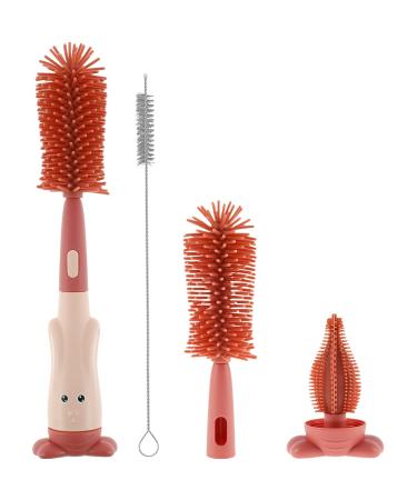 3 in 1 Baby Bottle Brush Set Lone Handle Silicone Bottle and Teat Cleaning Brush with Stand Portable Straw Nipples Cleaner Brush Reusable for Baby Bottles Water Glass Cup Thermoses(red)