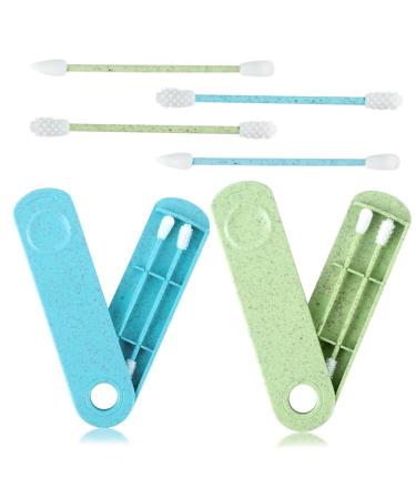 GWAWG 4 PCS Reusable Cotton Buds Reusable Swab Double-Ended Spiral with 2 Travel Holder Green and Blue for Ear Cleaning Make Up ect