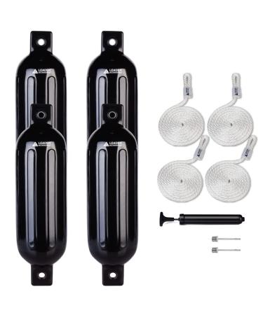 Leader Accessories Ribbed Twin Eyes Boat Fender Bumper Pack of 4 Includes 3/8'' Fender Lines and Pump to Inflate Black 4.5*16 inch