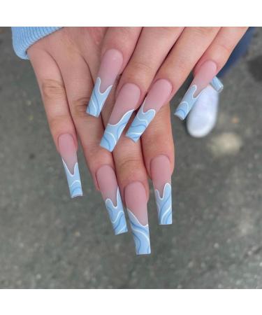 24Pcs/Set French Long Ballet Blue Pink Heart Press On Nails Reusable False Nail Removable Fake Nails Short Round Coffin Nails Hot Nails-JP1408