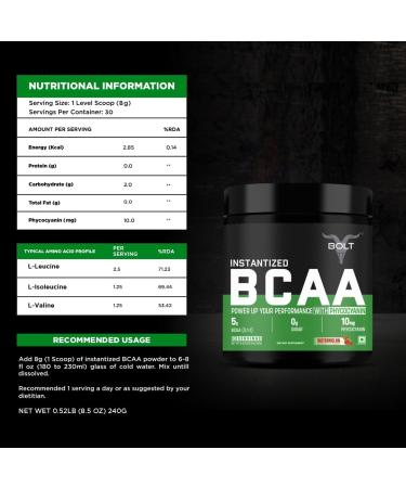 Bolt BCAA Powder 2:1:1 Potent Formula-Leucine Isoleucine Valline Suppots Muscle Recovery Growth & Endurance Watermelon Fizz 30 Servings Watermelon Fizz 8.5 Ounce (Pack of 1) - Buy Online on GoSupps.com