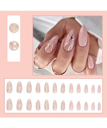 Justotry 24 Pcs Gold Swirl Stiletto Short Pink French Press on Nails with Nail Glue - Pretty Fake Nails for Women - Buy Online on GoSupps.com