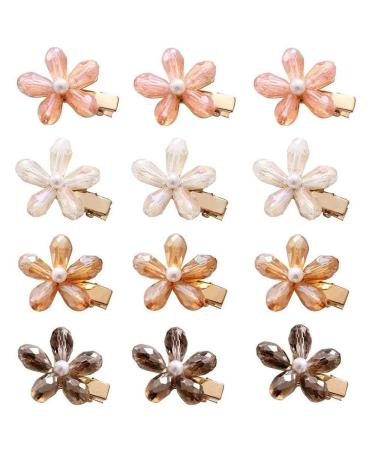 MIAO JIN 12Pcs Crystal Hair Clips Pearls Alligator Hairpins Small Mini Flower Hair Barrettes for Women's and Girls Hair Accessories White Pink Gray Champagne