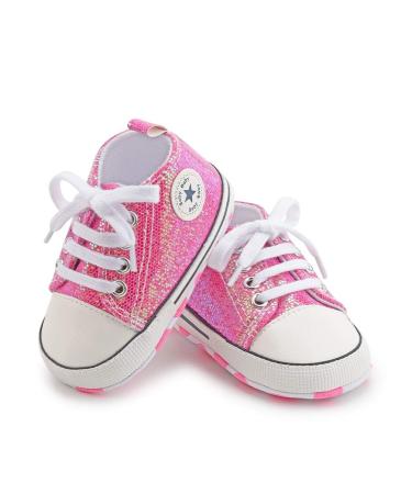 BAIELey walk in the clouds Baby Boys Girls Infant Canvas Sneakers High Top Lace up Bling Sequins Soft Sole Newborn First Walkers Shoe 6-12 Months Pink