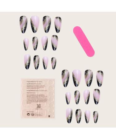 24Pcs Almond Press on Nails Medium Black French Tip with Gold Foil Designs - False Nails for Women Girls - Buy Online on GoSupps.com