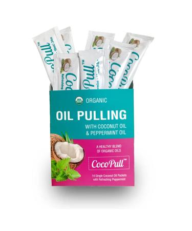 CocoPull - Organic Oil Pulling 14 Packets/Sachets with Coconut Oil and Peppermint Oil for Healthy Teeth Gums Bad Breath Remedy. Natural Teeth Whitening.