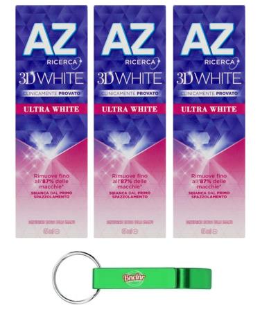 3x Dentifricio AZ 3D White Ultra White toothpaste with whitening effect 65ml + Beni Culinari Free keychain