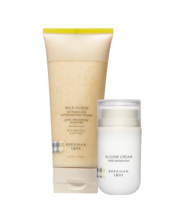 Beekman 1802 Milk Scrub Oat + Goat Milk Exfoliating Face Cleanser (6 fl oz) + Bloom Cream Daily Face Moisturizer (1.69 oz) - Good for Sensitive Skin - Cruelty Free