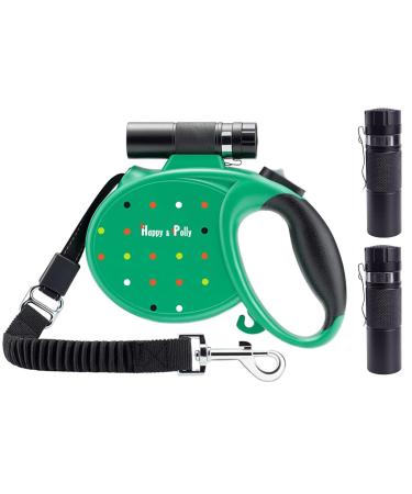 Happy & Polly Dog Leash Retractable Dog Leash Heavy Duty 5M Dog Walking Leash with Flashlight Detachable/Protective Bungee Leash/Magic Box Dispenser Poop Bags for Small Medium Dogs (Green) Green 16.4ft