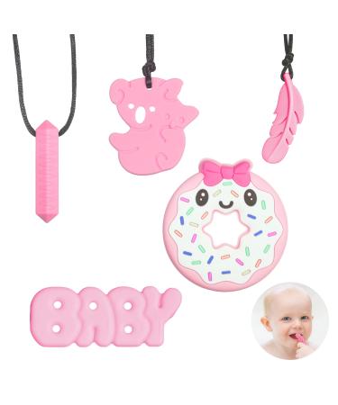 5 pieces of bite ring baby sensory chewing necklace for children food quality silicone k toy biting toys baby to relieve the pressure on the teething for baby (pink)
