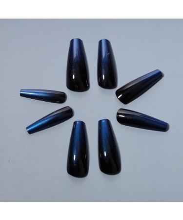 Yheakne Extra Long Coffin Ombre Press-On Nails | Shiny Ballerina Clip-On | Luxurious Blue & Black Gradient | 24-Piece Complete Set (Style B) - Buy Online on GoSupps.com