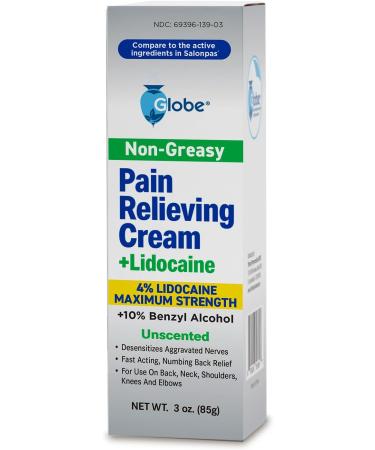 Globe Pain Relieving Cream 4% Lidocaine | Maximum Strength Numbing Relief for Muscle Joint Backache & Soreness | Fast Acting Unscented 3oz - Buy Online on GoSupps.com