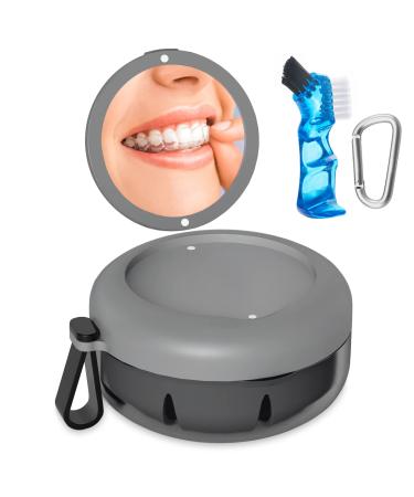 Denture Bath Case Denture Cup Leak Proof Portable Retainer Case Denture Cleaning Kit with Cleaner Brush Denture Box with Strainer & Mirror Denture Case for Aligner Retainer Mouth Guard Gray