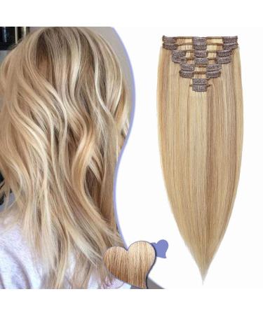 Elailite clip in Extensions real hair bayalage - (8 parts set 18 clips hair extension real hair clip) - smooth 25cm 50g ashblond & bleached blond 25cm ashblond & bleached blonde