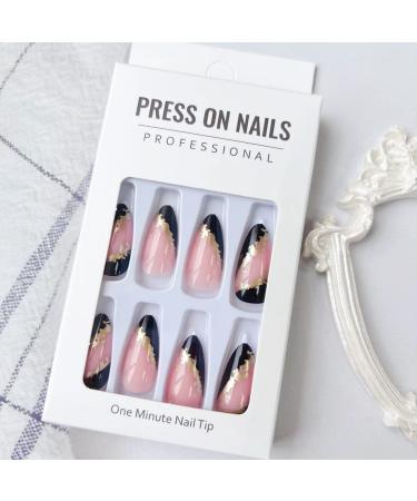 Medium Almond Black French Tip Press on Nails with Gold Foil - 24pcs - Buy Online on GoSupps.com