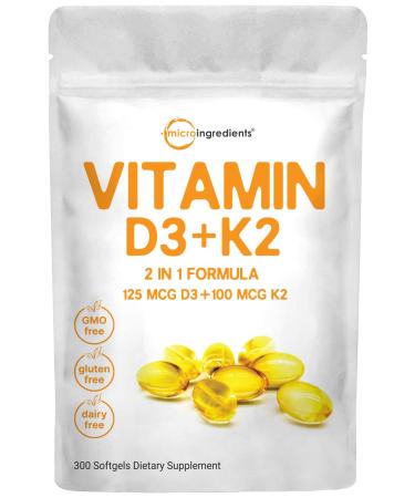 Vitamin D3 5000IU Plus K2 2 in 1 Formula Vitamin D3 with MK7 Vitamin K2 300 Soft-Gels Immune Vitamin Complex with Virgin Sunflower Seed Oil Support Heart Teeth  Joint Health Easy to Swallow