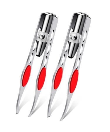 2 Pieces Tweezers with LED Light Hair Removal Lighted Tweezers Makeup Tweezers with Light for Women Precision Eyebrow Hair Removal Tweezers Stainless Steel Tweezers (Red)
