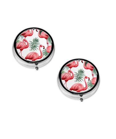 (Flamingo Bird Green Leaf) Round Pill Box 3 Compartment Pill Box Mini Decorative Pocket Purse Portable Travel Medicine Tablet Vitamin Holder Organizer Pill Case